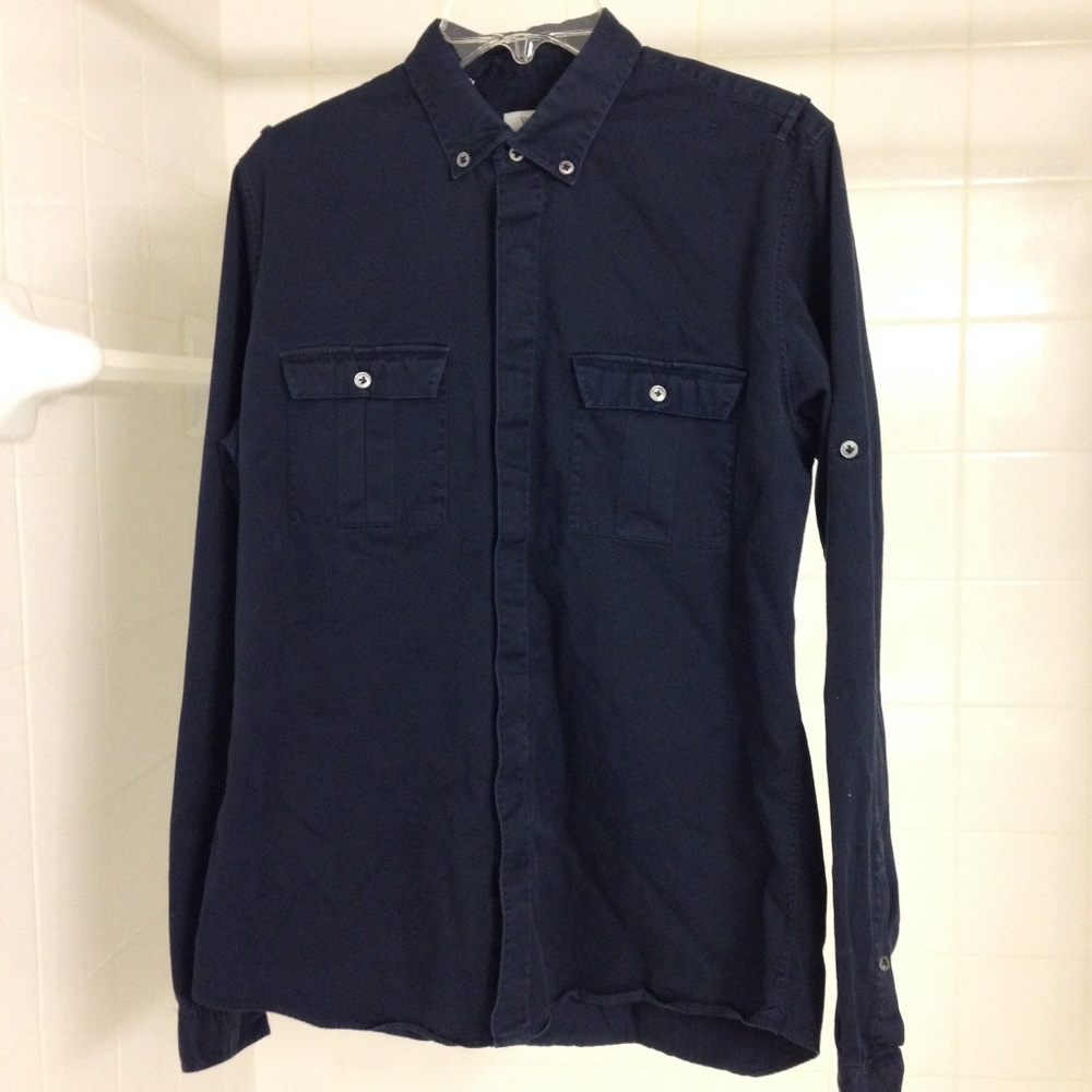 Valentino Navy Twill Military Shirt in 16 (Slim L)